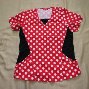 V-Neck Side Stretch Paneled Red and White Polka Dot Scrub Top